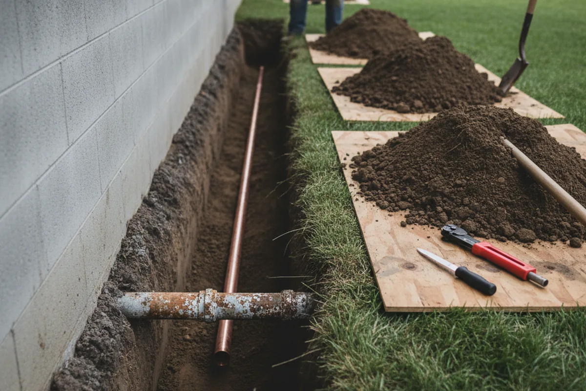 Excavated water line trench during Water Heater Repair in East Brady